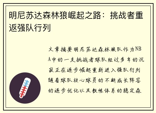 明尼苏达森林狼崛起之路：挑战者重返强队行列